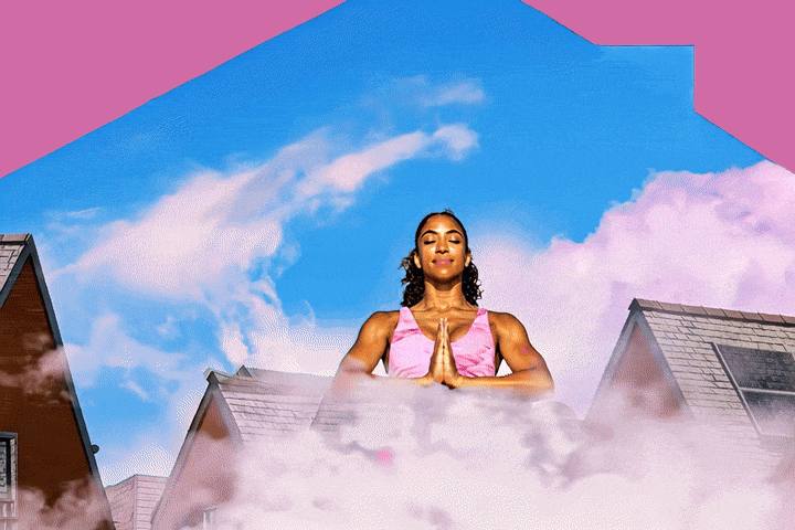 Animated woman standing by house